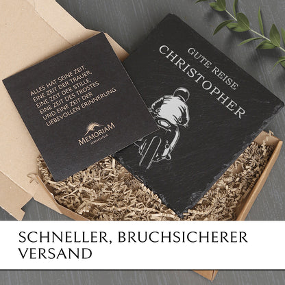 Gedenk- & Trauerstein aus Schiefer mit Biker Gravur online kaufen | MEMORIAM.