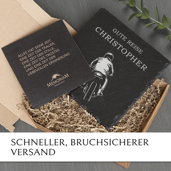 Laden Sie das Bild in den Galerie-Viewer, Gedenk- &amp; Trauerstein aus Schiefer mit Biker Gravur online kaufen | MEMORIAM.
