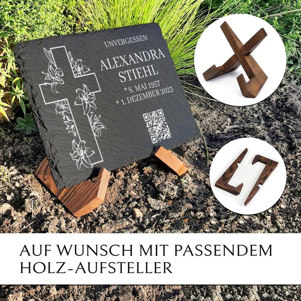 Laden Sie das Bild in den Galerie-Viewer, Gedenkstein Tafel inkl. QR Code, Kreuz &amp; Inschrift online bestellen | MEMORIAM Gedenktafeln 
