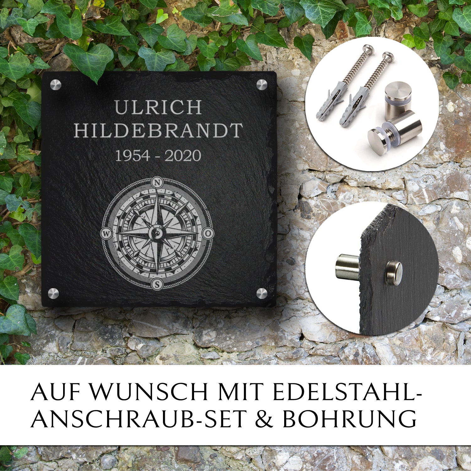 Urnengrab Gedenktafel mit Kompass von MEMORIAM. 
