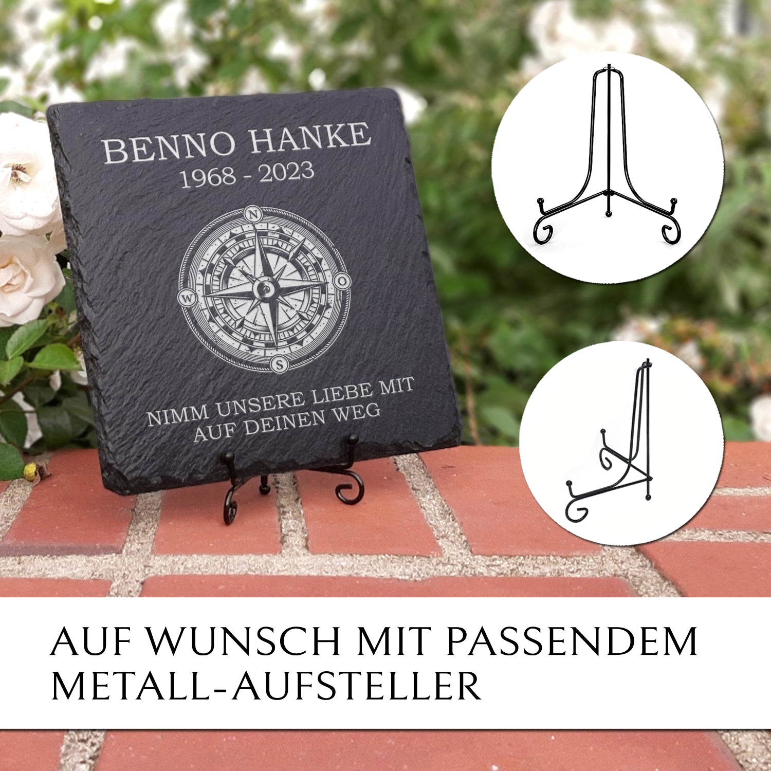 Gedenktafel aus Schiefer für Urnengrab mit Kompass von MEMORIAM. 