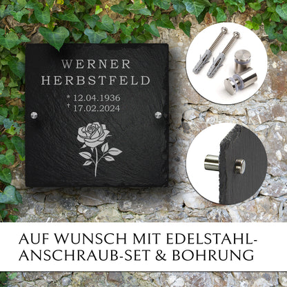 Kleine Grabplatte aus Schiefer mit Rose-Gravur und Anschraub-Set  | MEMORIAM Gedenktafeln.