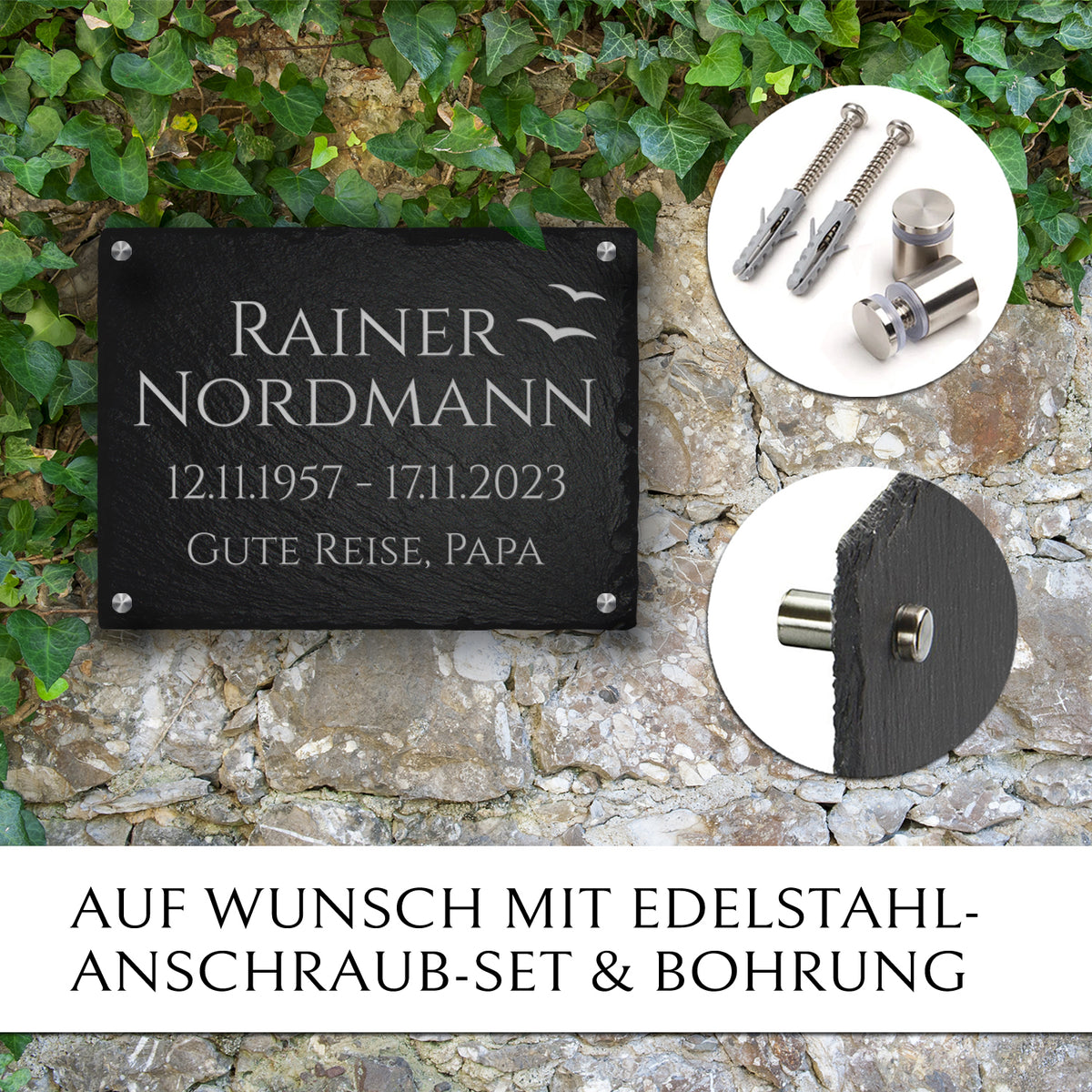 Trauer- & Gedenkstein 40x30 aus Schiefer mit Flügel Gravur | MEMORIAM.