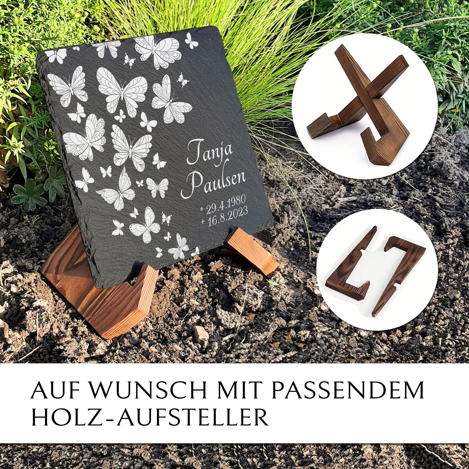 Kleine Grabplatte mit Schmetterlinge Gravur und Beschriftung nach Wunsch. Mit MEMORIAM zum günstigen Preis online bestellen.