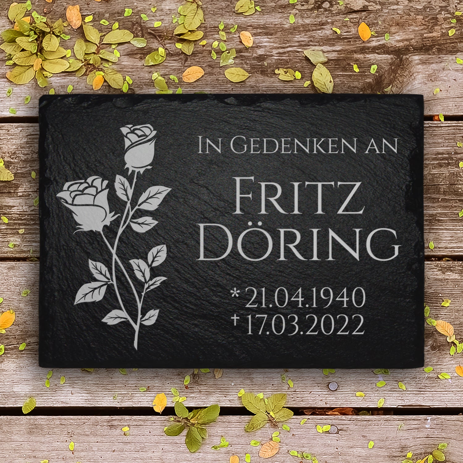 Grabplatte 20x30 cm mit Rose & Inschrift von MEMORIAM.