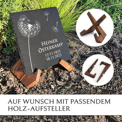 Grabplatte 25x25 cm mit Pusteblume  und Text nach Wunsch von Memoriam Gedenktafeln.