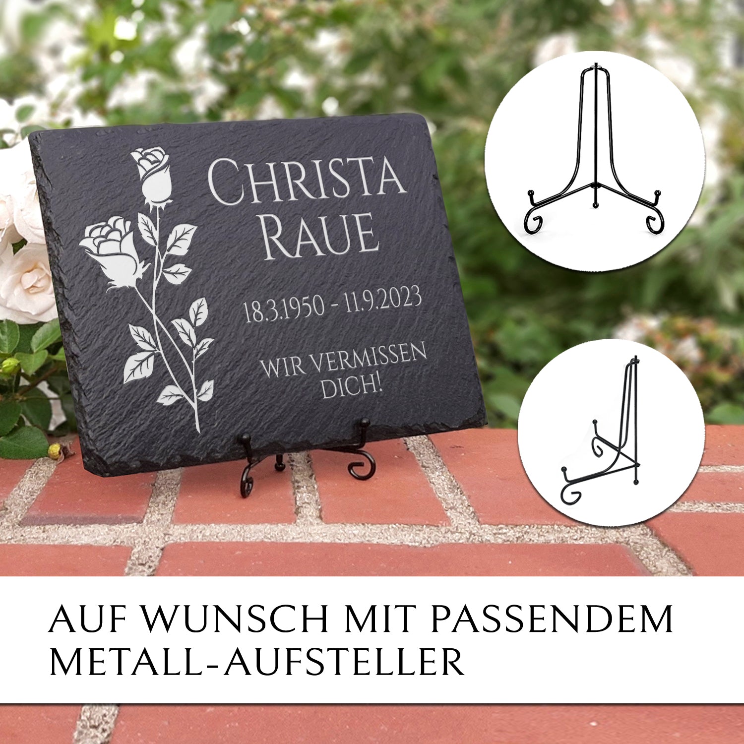 Grabplatte 30x20 cm mit Rose & Gravur von MEMORIAM.