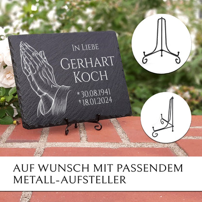 Grabplatte 30x20 cm “Betende Haende“ & Gravur von MEMORIAM.