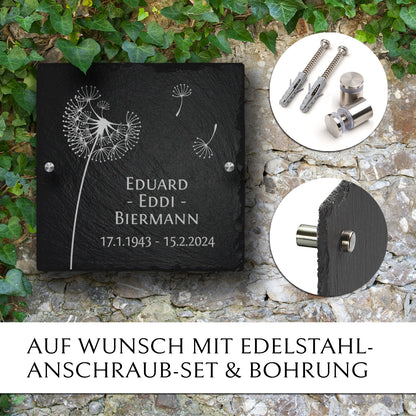Kleine Grabplatte  "Pusteblume"  mit Anschraub-Set zur Grabstein- und Wandmontage | Memoriam Gedenktafeln.