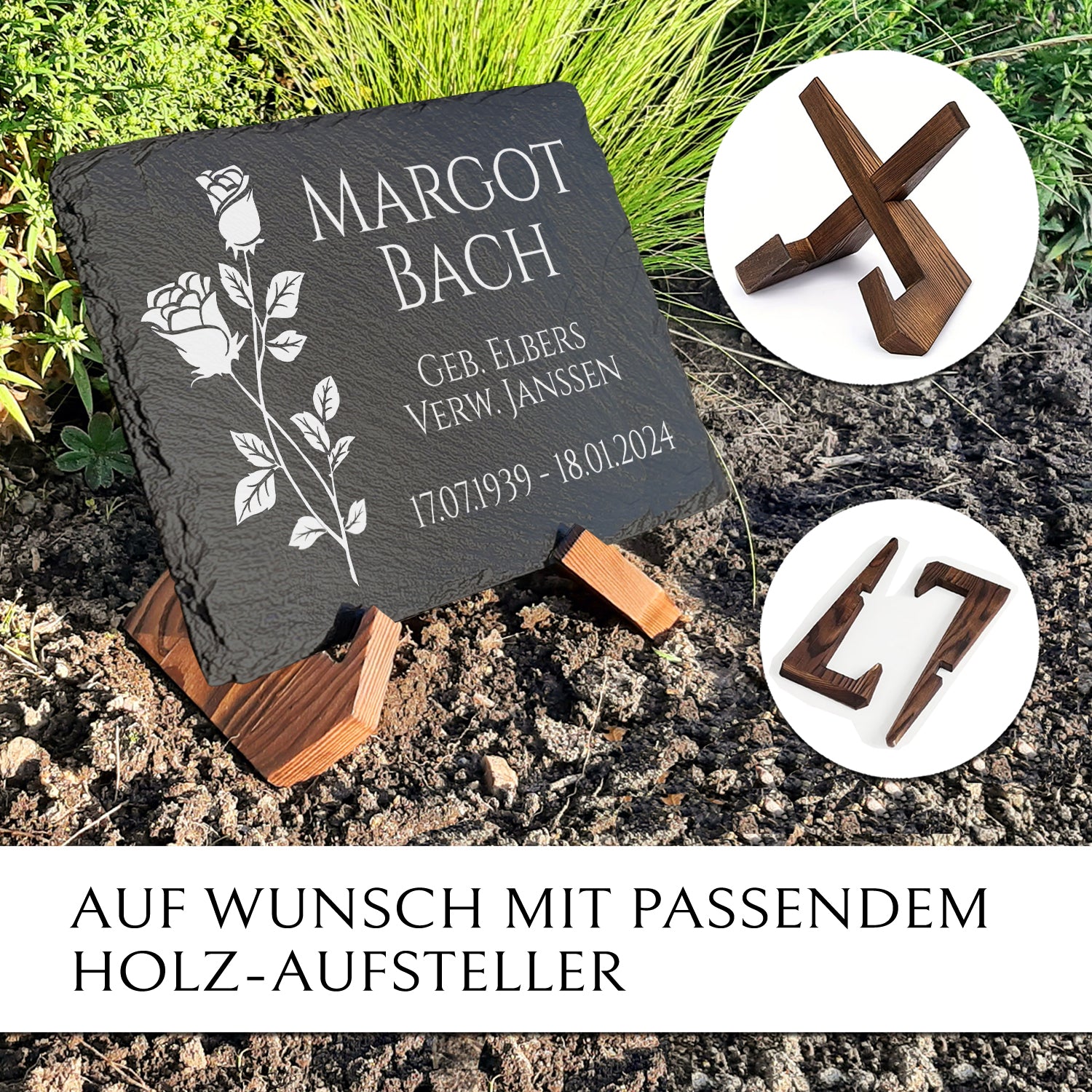 Grabplatte 30x40 cm mit Rose & Beschriftung von MEMORIAM.