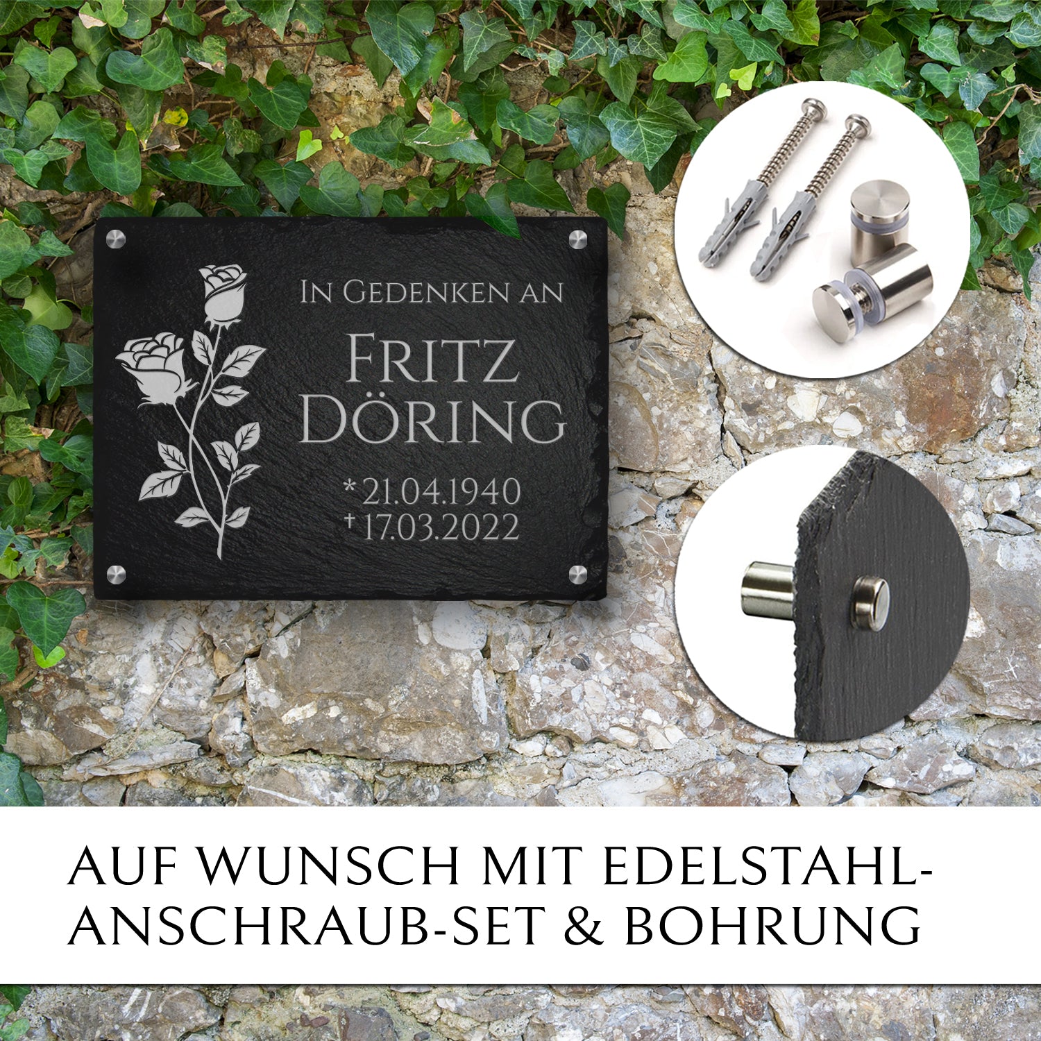 Grabplatte 40x30 cm mit Rose & Text von MEMORIAM.