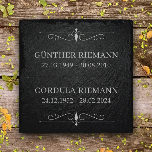 Familiengrab Grabplatte aus Schiefer mit doppelter Inschrift | MEMORIAM Gedenktafel.