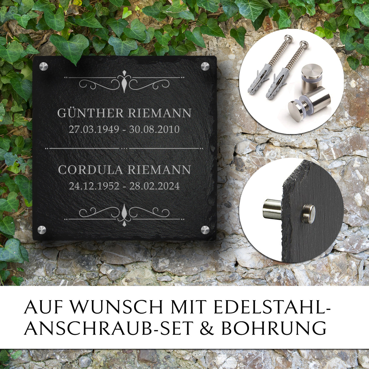 Grabplatte mit Anschraub-Set zur Befestigung an einen Familiengrabstein | MEMORIAM Gedenktafeln .