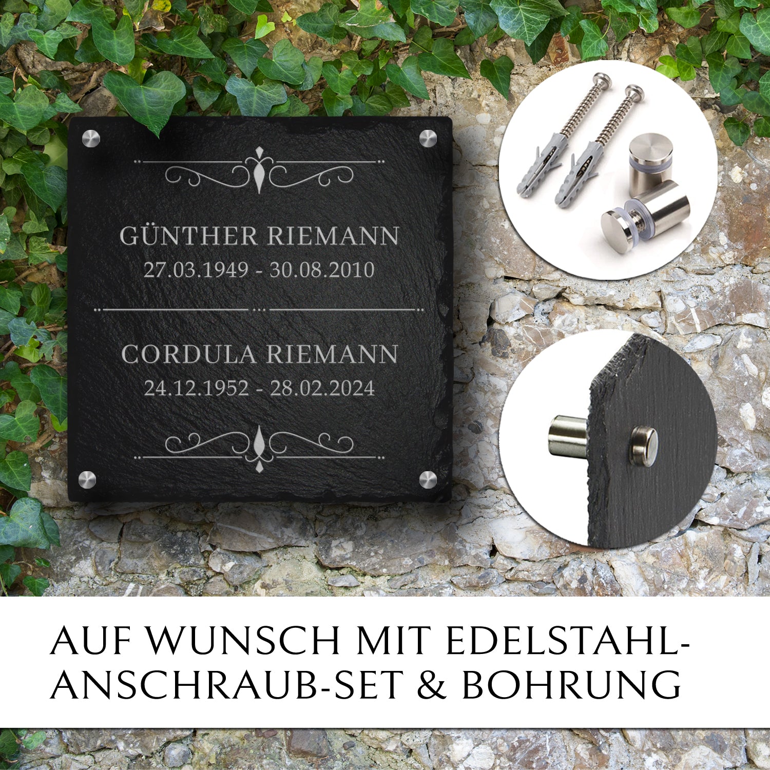Grabplatte mit Anschraub-Set zur Befestigung an einen Familiengrabstein | MEMORIAM Gedenktafeln .