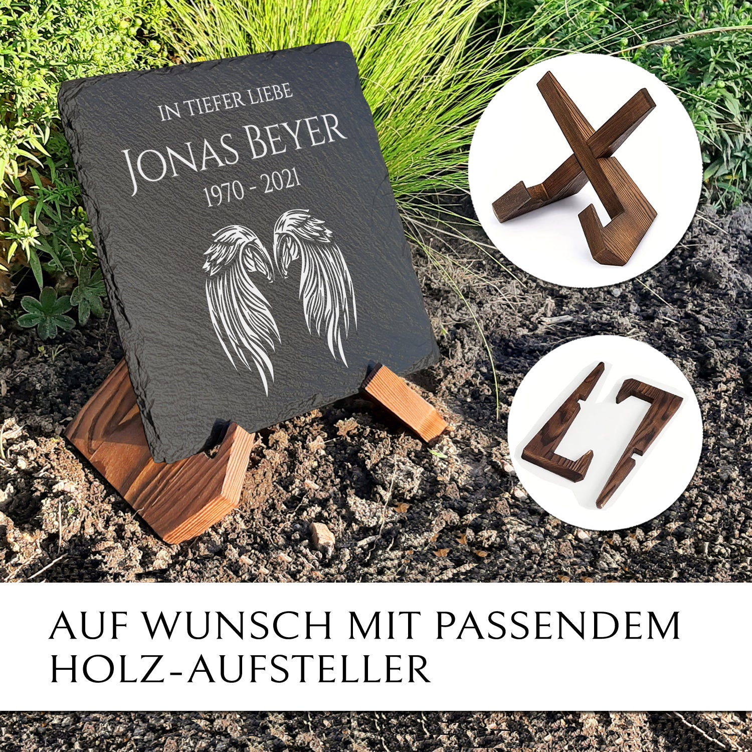 Grabplatte Urnengrab 30x30 mit Engel-Flügel Gravur und Text | MEMORIAM.