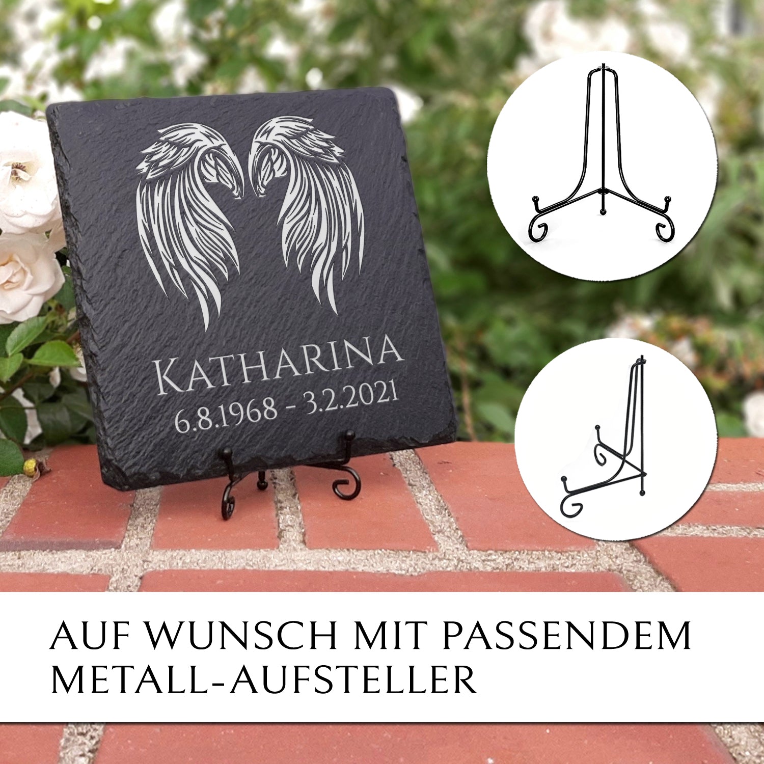 Grabplatte Urnengrab 25x25 inkl. Engel-Flügel & Beschriftung | MEMORIAM.