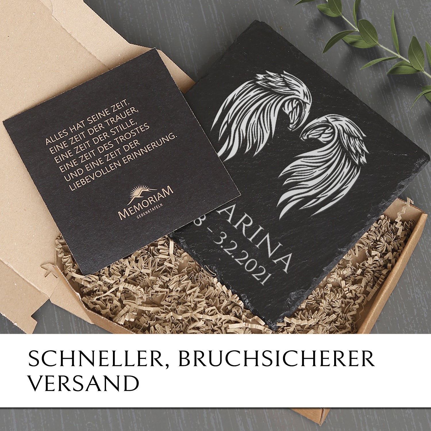Grabplatte Urnengrab 25x25 mit Engel-Flügel & Gravur online kaufen | MEMORIAM.