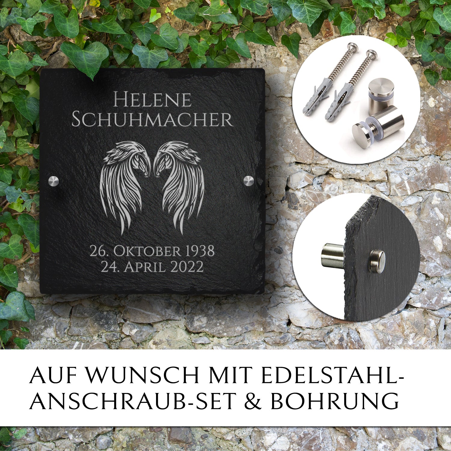 Grabplatte Urnengrab 20x20 aus Schiefer mit Engel-Flügel Gravur | MEMORIAM.