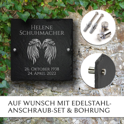 Grabplatte Urnengrab 20x20 aus Schiefer mit Engel-Flügel Gravur | MEMORIAM.