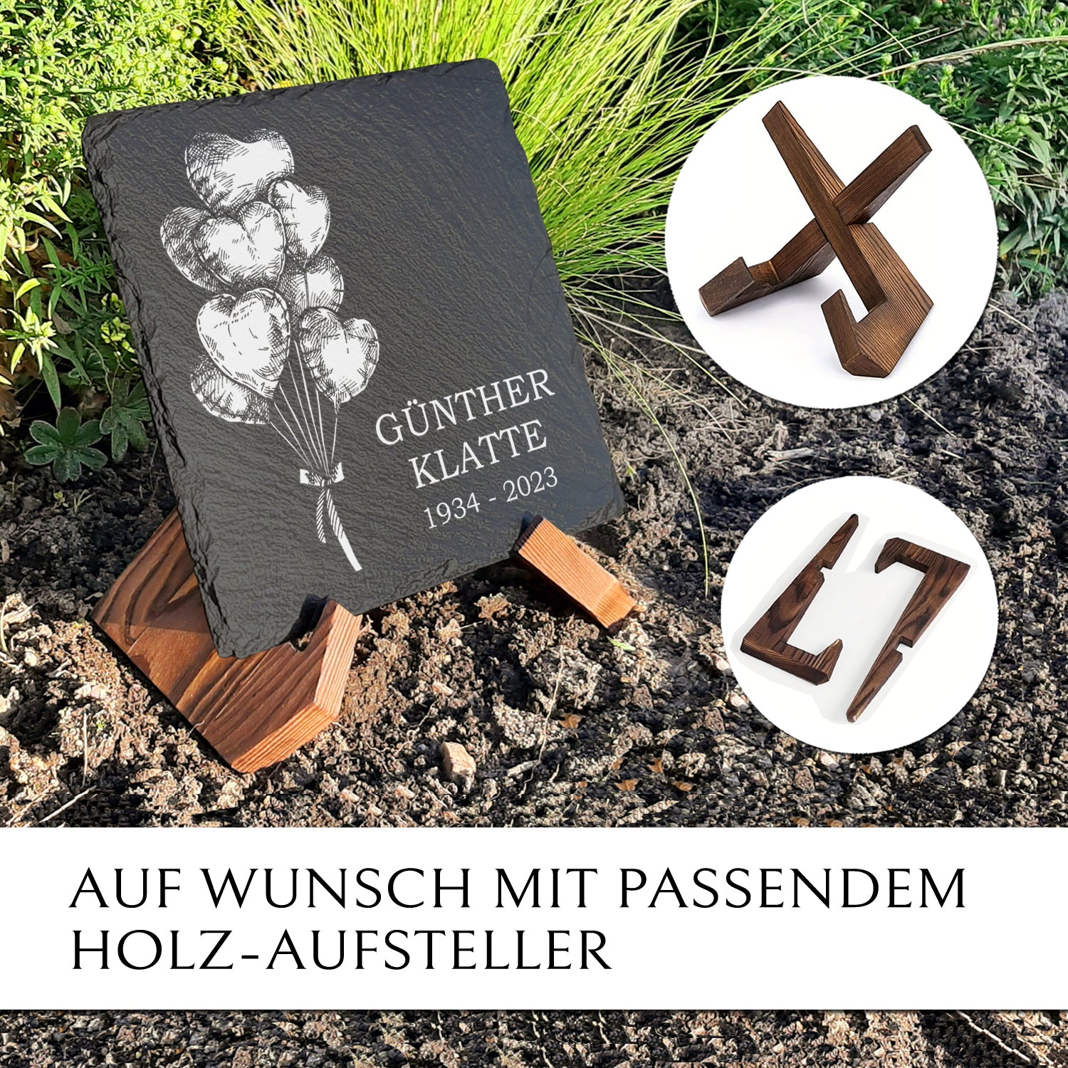 Grabplatte für Urnengrab. Aus Schiefer mit Ballon & Beschriftung. MEMORIAM. 