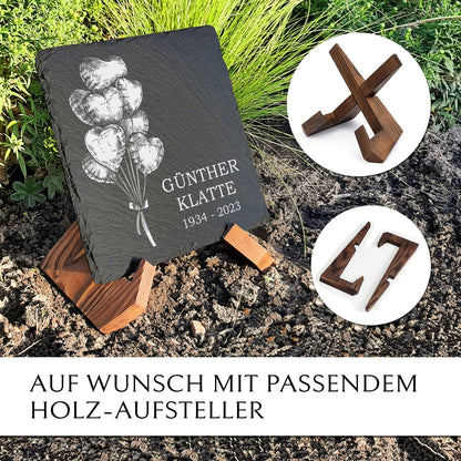 Grabplatte für Urnengrab. Aus Schiefer mit Ballon & Beschriftung. MEMORIAM. 