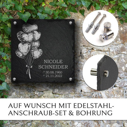 Grabplatte für Urnengrab. Aus Schiefer mit Ballon & Text. MEMORIAM. 