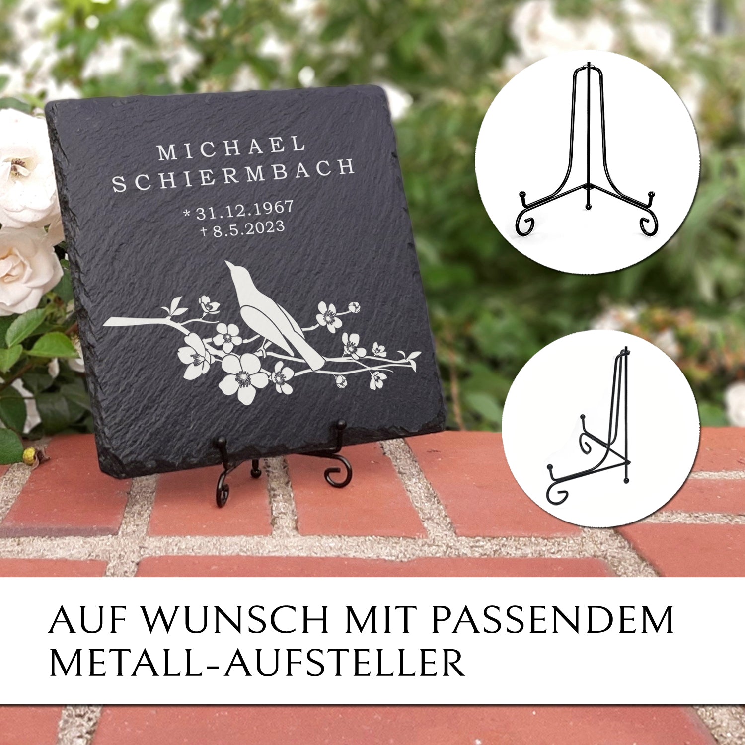 Grabplatte 20 x 20. Liegend oder stehend. Inkl. Vogel & Text. MEMORIAM.