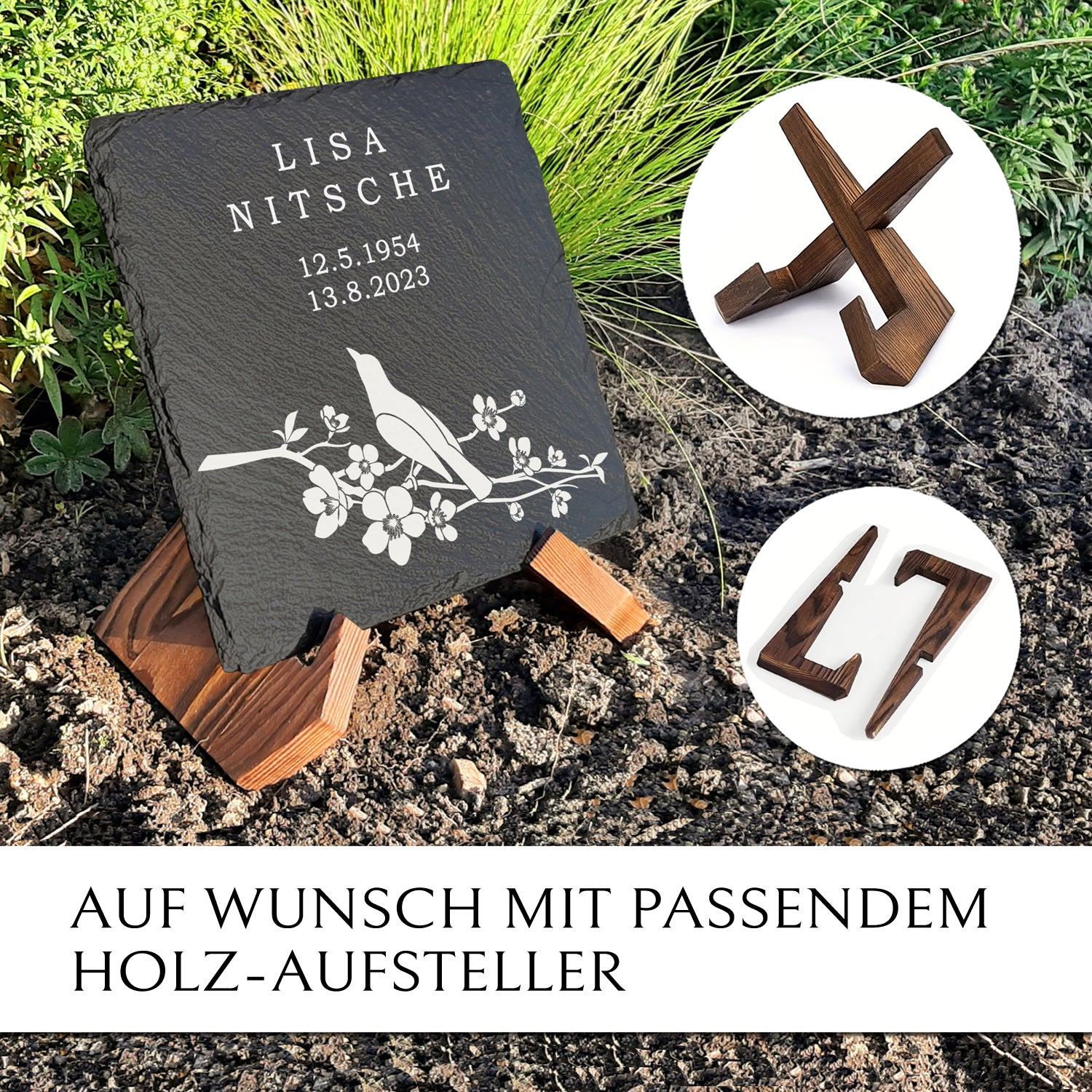 Grabplatte 25 x 25 cm mit Vogel Gravur & Inschrift von MEMORIAM.