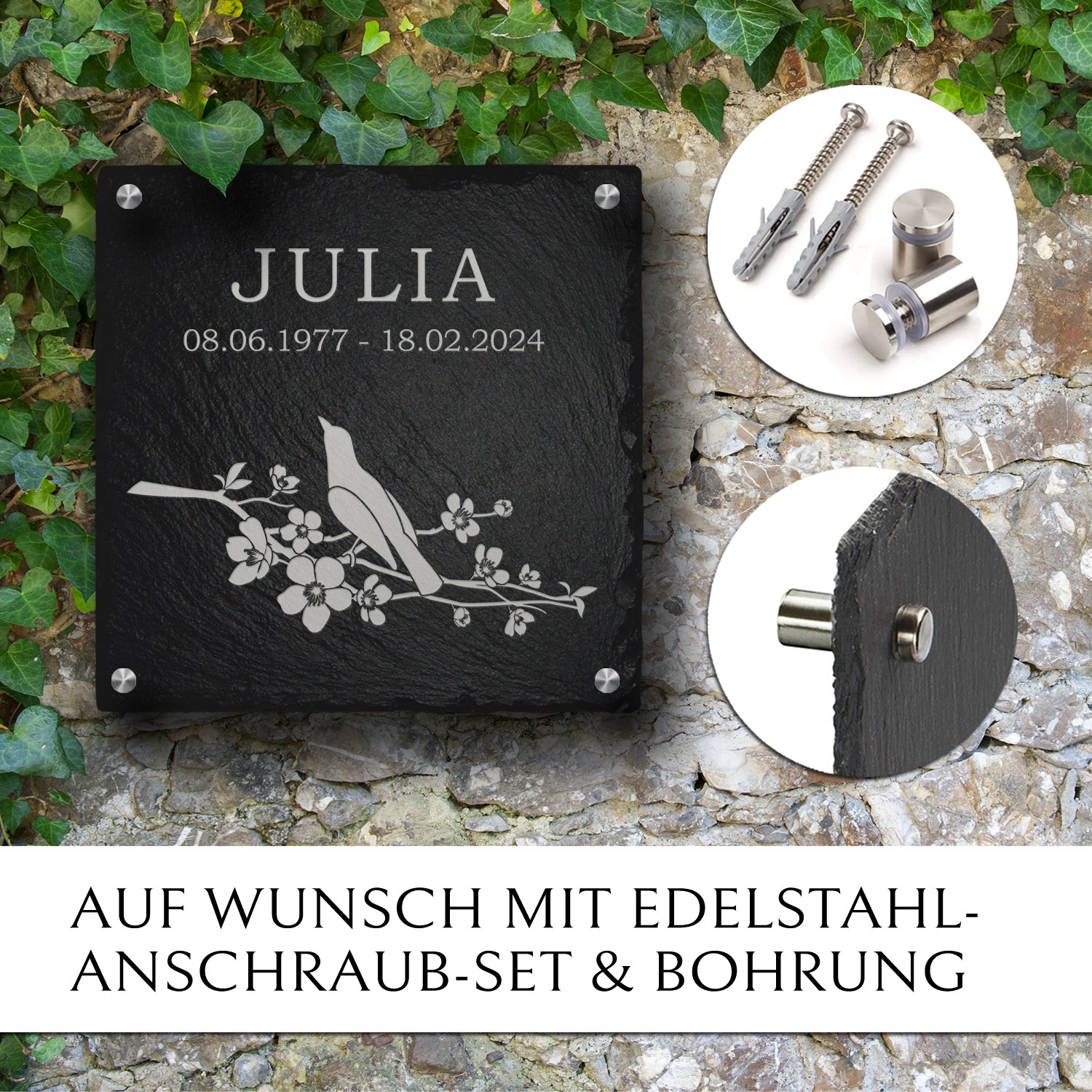 Grabplatte 30 x 30 für Einzel- oder Familiengrab. Inkl. Vogel & Text. MEMORIAM.