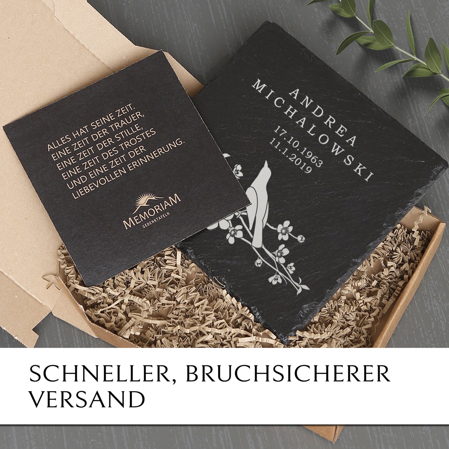Schiefer Grabplatte “Vogel“ preiswert online kaufen mit MEMORIAM.