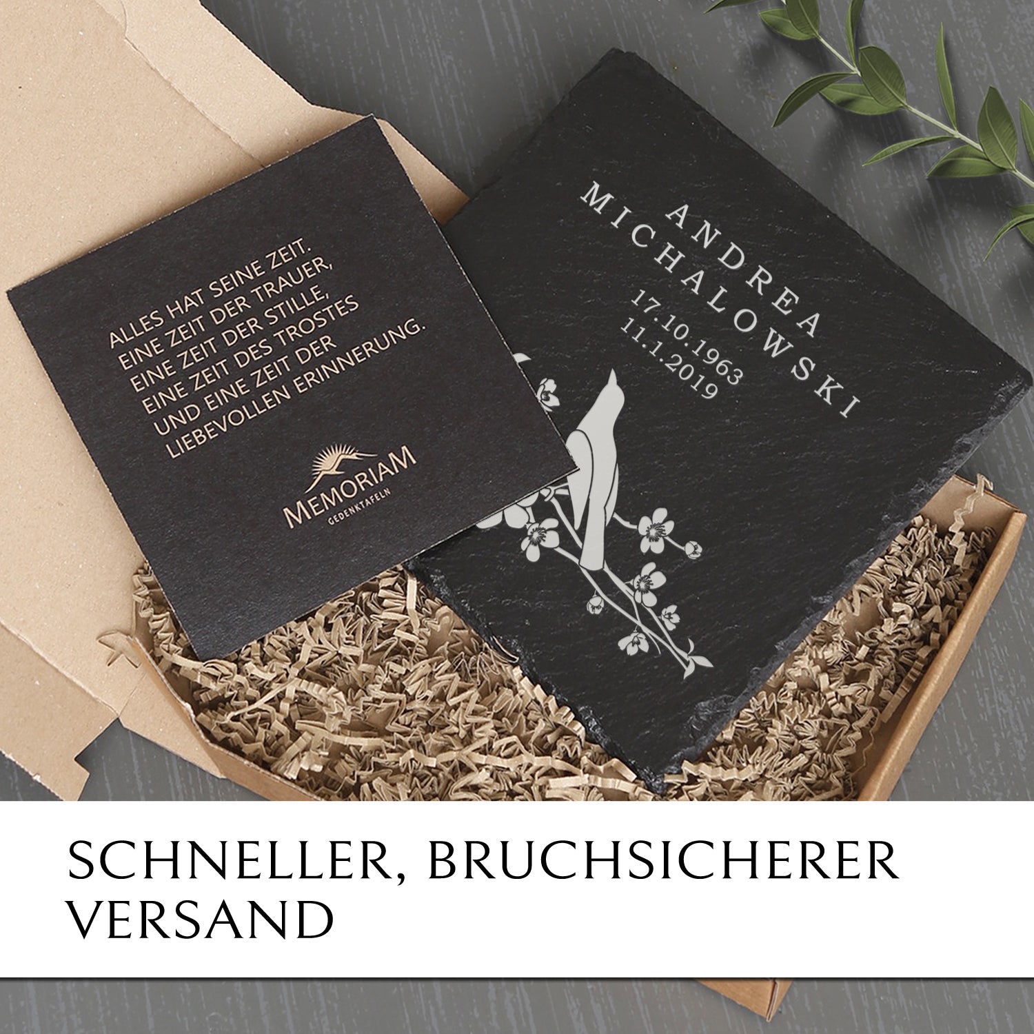 Schiefer Grabplatte “Vogel“ preiswert online kaufen mit MEMORIAM.