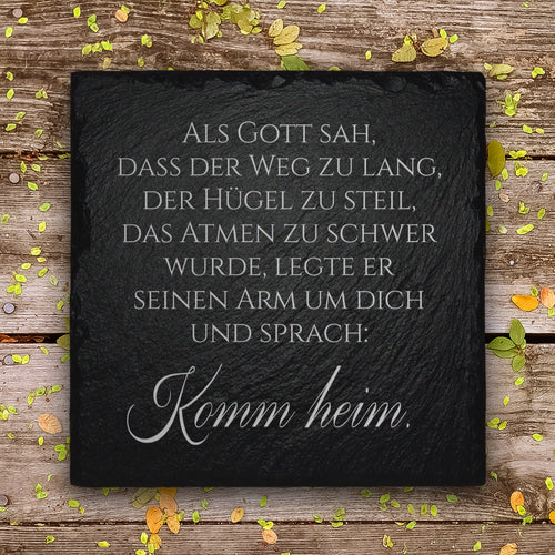 Grabschmuck Tafel aus Schiefer mit wetterfester Trauerspruch Gravur von MEMORIAM. 
