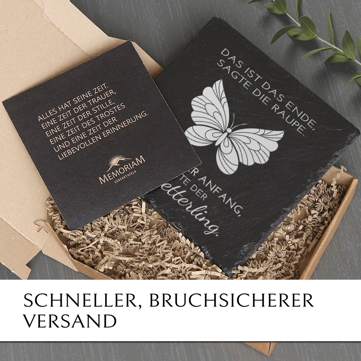 Onlineshop für wetterfeste Grabschmuck-Tafel mit Schmetterling | MEMORIAM Gedenktafeln.