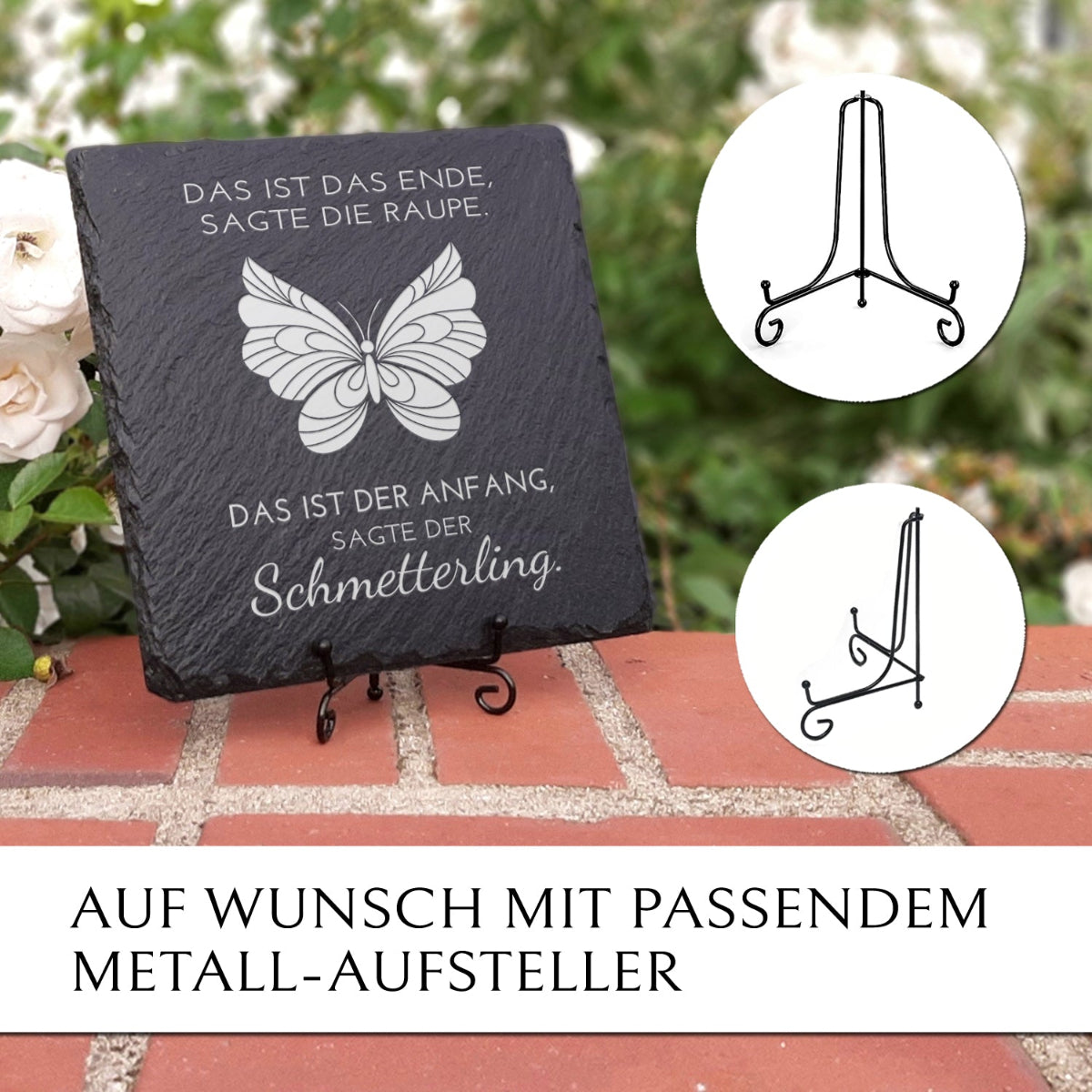Metall-Aufsteller für wetterfeste Grabschmuck-Tafel mit Schmetterling | MEMORIAM Gedenktafeln.