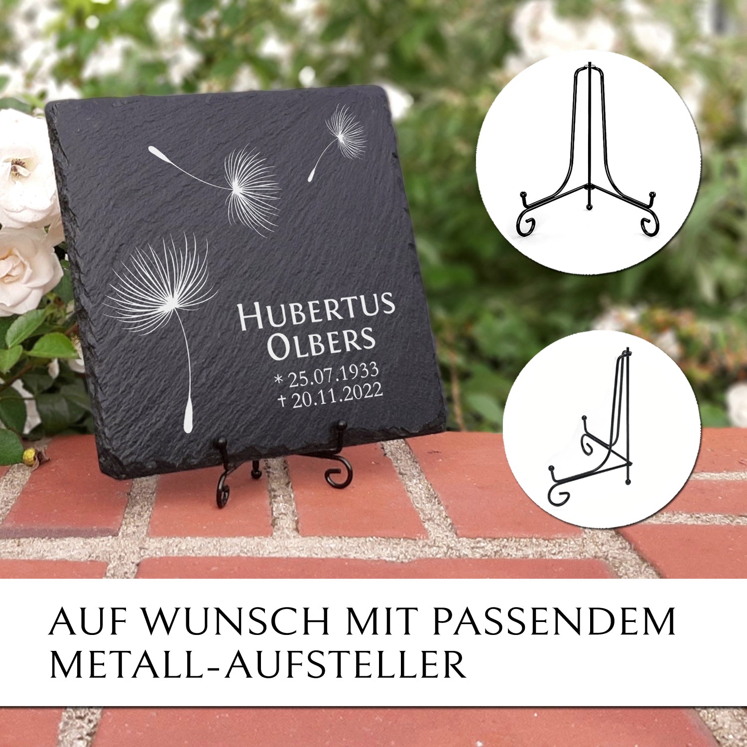 Grabstein Platte 20 x 20. Liegend oder stehend. Inkl. Pusteblume & Text. MEMORIAM.