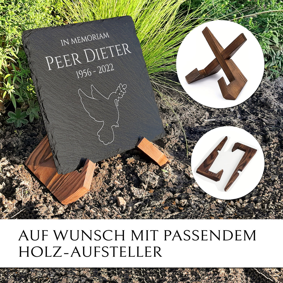 Grabsteinplatte 30x30 mit Friedenstaube Gravur und Text | MEMORIAM.