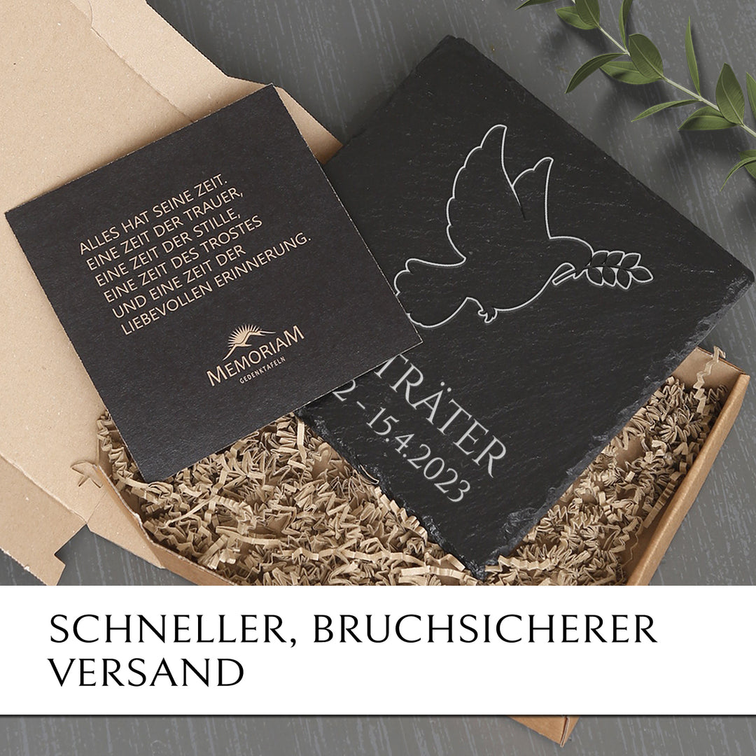 Grabsteinplatte 25x25 mit Friedenstaube &amp; Gravur online kaufen |MEMORIAM.
