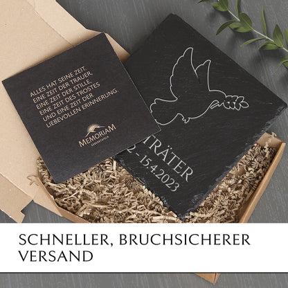 Grabsteinplatte 25x25 mit Friedenstaube & Gravur online kaufen |MEMORIAM.