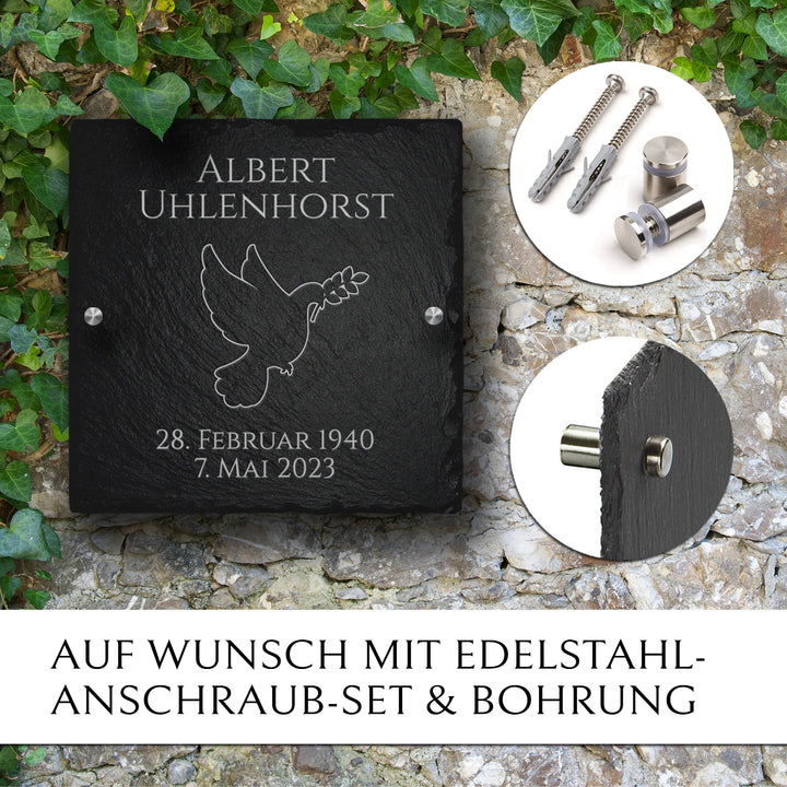 Grabsteinplatte 20x20 aus Schiefer mit Friedenstaube Gravur | MEMORIAM.