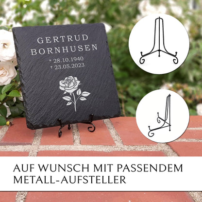 Grabplatte Rose 20x20 cm für Erd- und Urnengrab. Aus Schiefer mit Gravur | MEMORIAM Gedenktafeln.