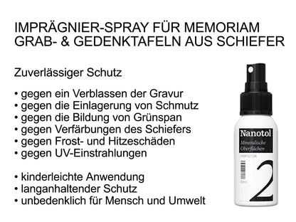 Imprägnier-Spray zum Schutz von Schiefer Grabplatten und Gedenktafel von Memoriam.