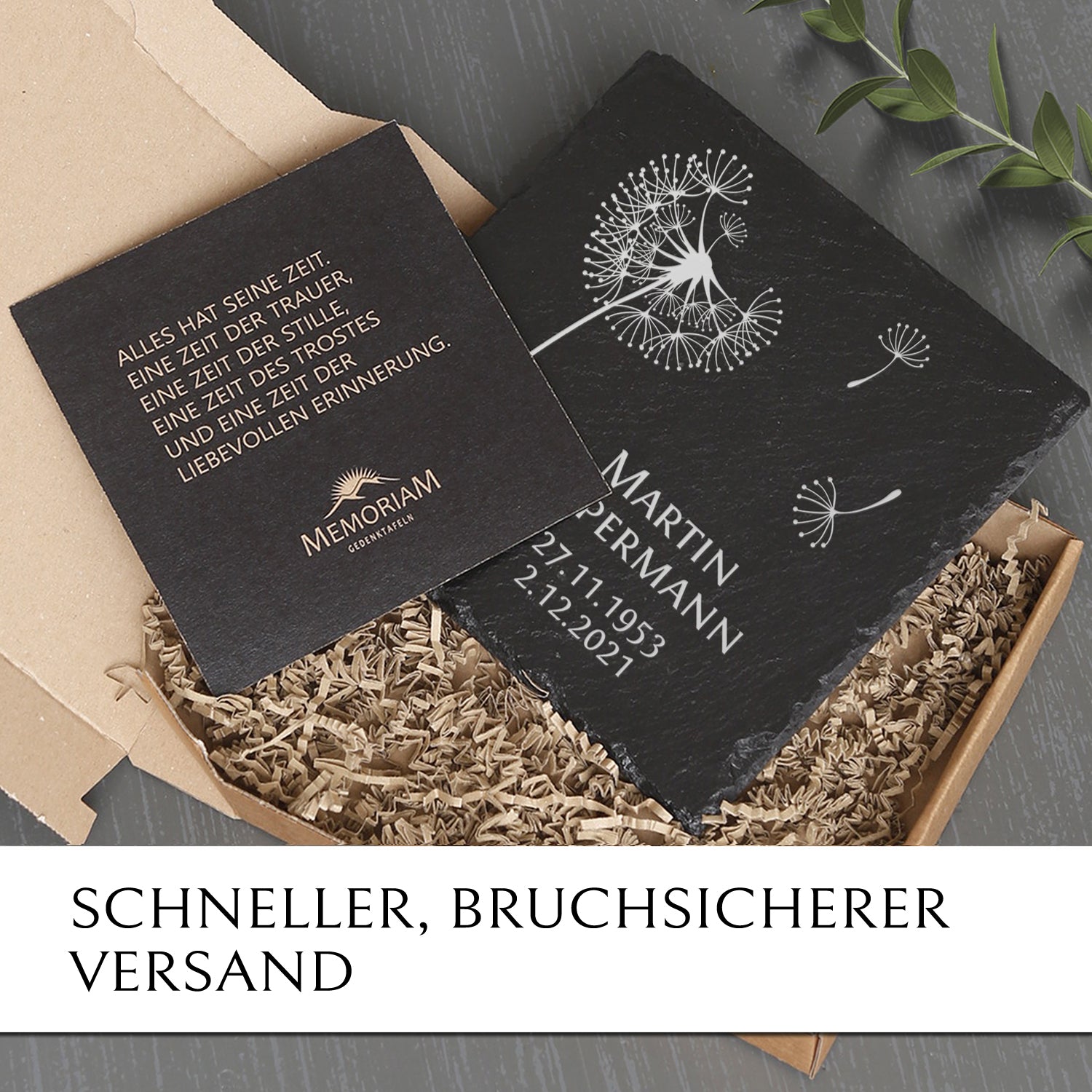 Schiefer Grabplatte “Pusteblume“ preiswert online kaufen mit MEMORIAM.