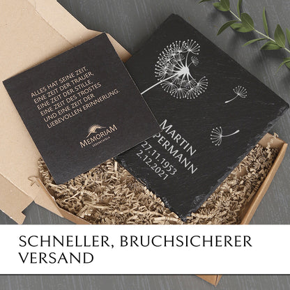 Günstige Grabplatte aus Schiefer inkl. Pusteblume und Beschriftung - online kaufen mit Memoriam Gedenktafeln.