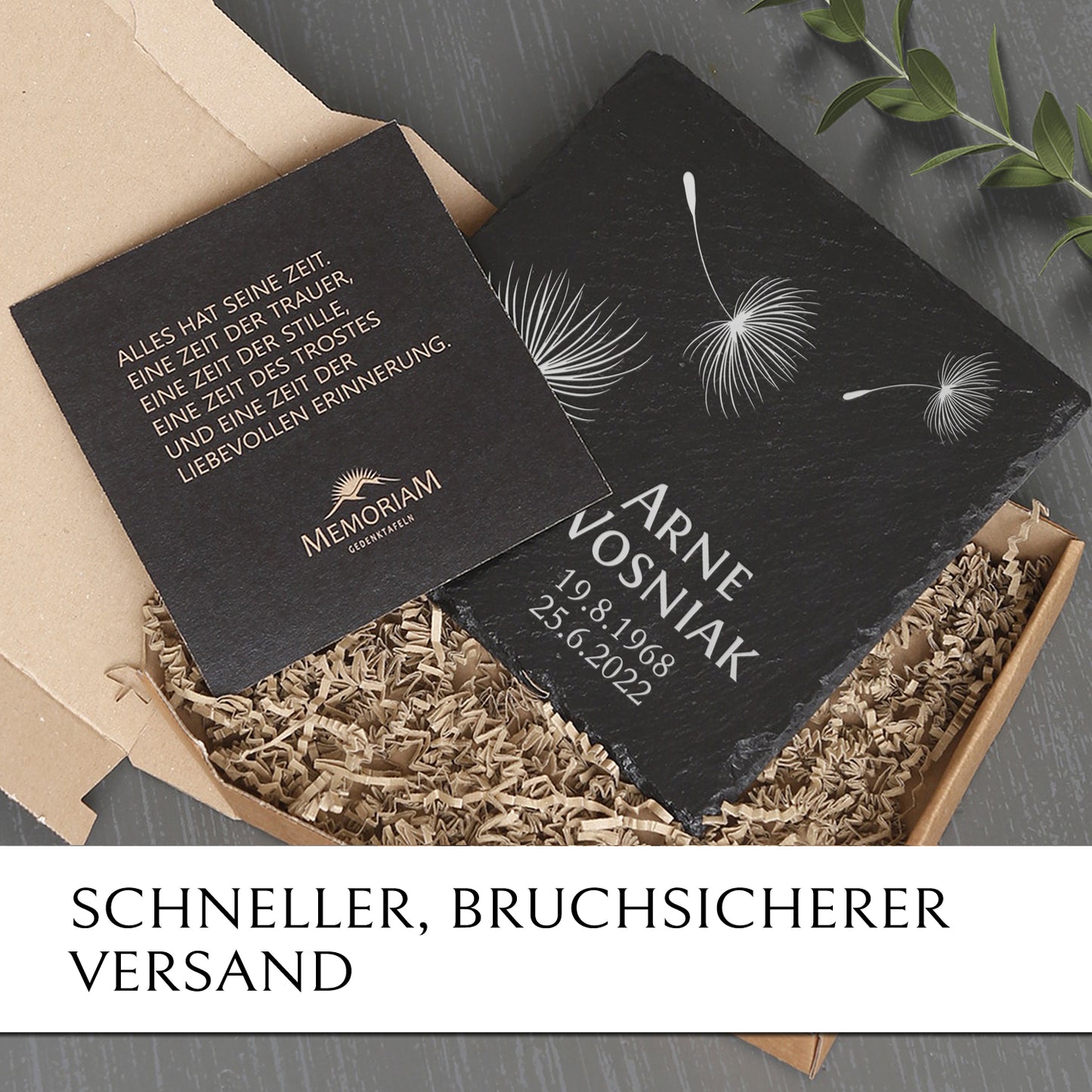 Schiefer Grabstein Platte “Pusteblume“ preiswert online kaufen mit MEMORIAM.