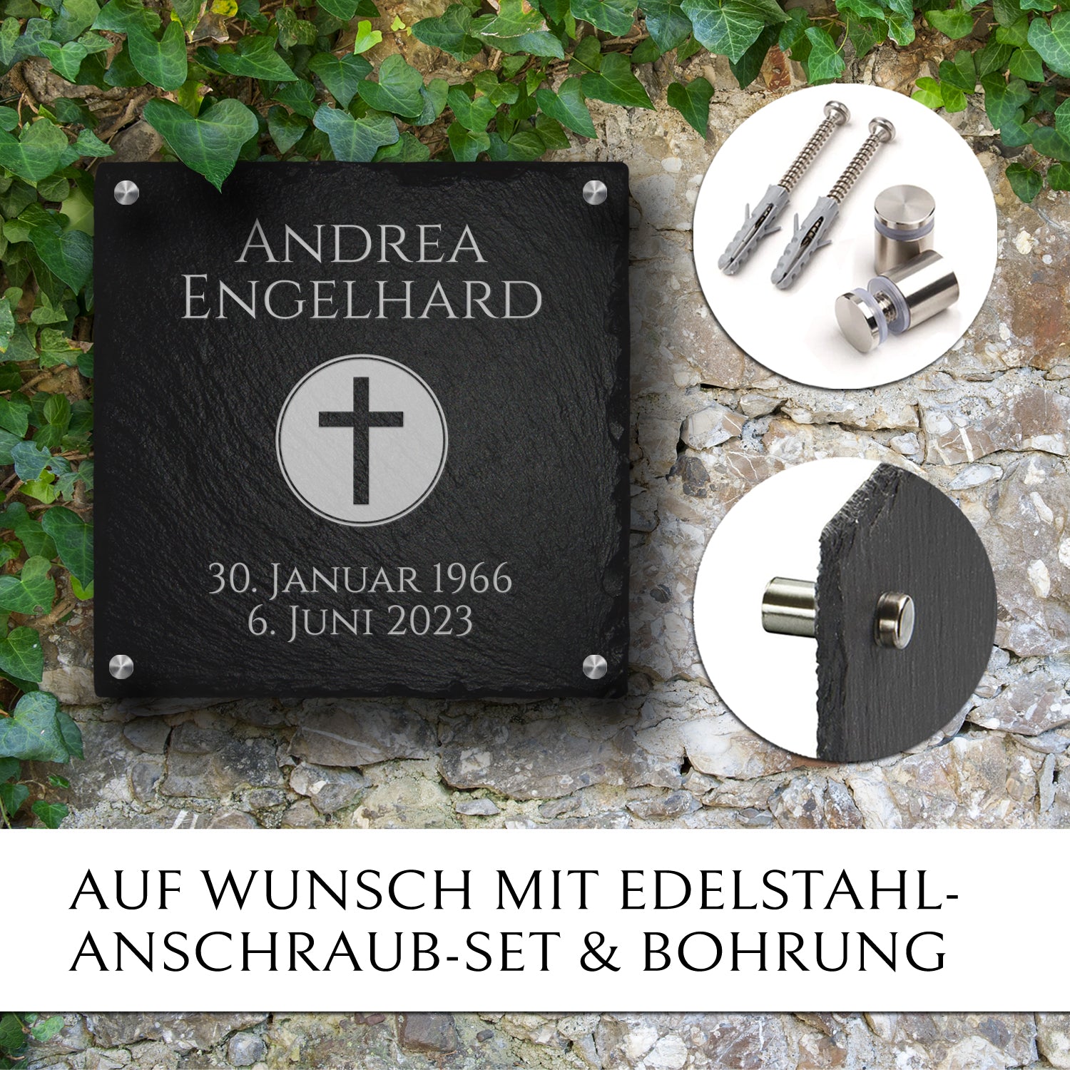 Grab- & Gedenkstein Kreuz 20x20 cm mit Text von MEMORIAM.