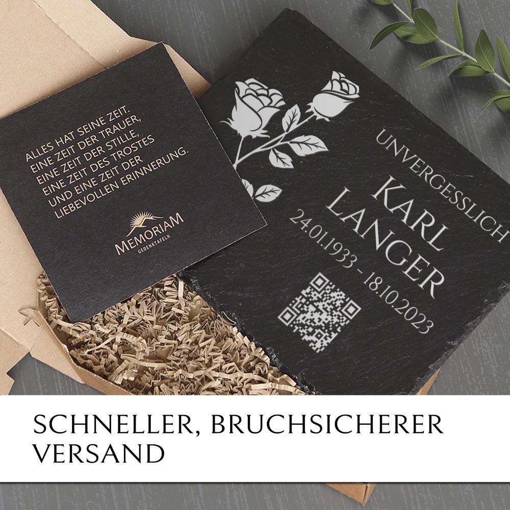 Schiefer Grabplatte inkl. QR Code & Rosen Gravur günstig online bestellen. MEMORIAM 
