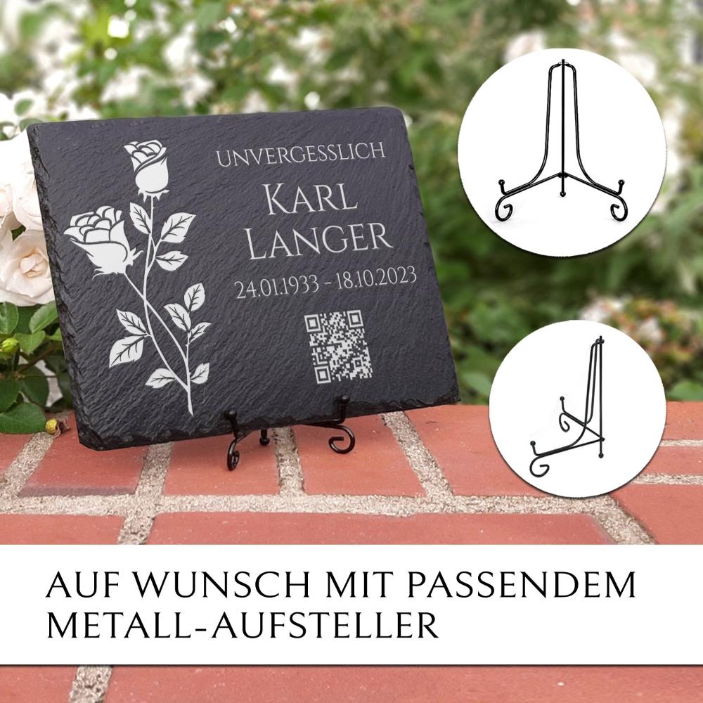 Schiefer Grabplatte mit QR-Code, Rosen & Text Gravur von MEMORIAM Gedenktafeln