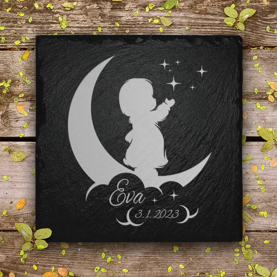 Sternenkind Grabstein aus Schiefer mit Gravur und Beschriftung von MEMORIAM Gedenktafeln.