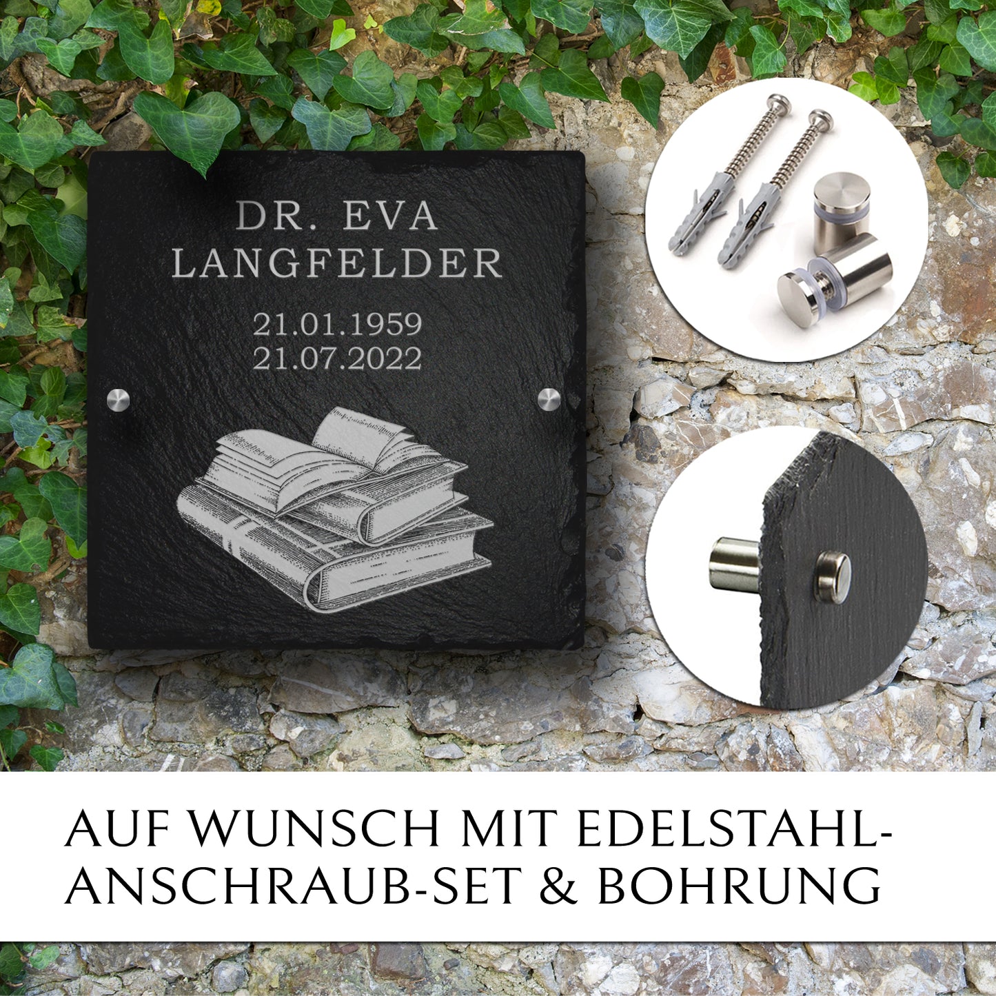 Trauer- & Gedenktafel aus Schiefer mit Bücher Gravur | MEMORIAM.