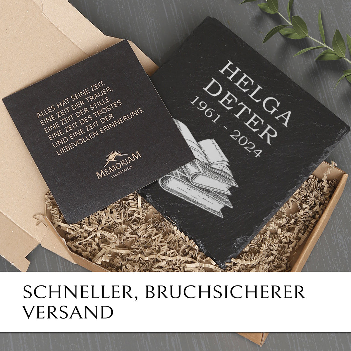 Trauer- & Gedenktafel aus Schiefer mit Buch Gravur online kaufen | MEMORIAM.